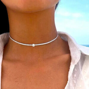 3mm width square Sparkling cubic zirconia choker Necklace-silver plated
